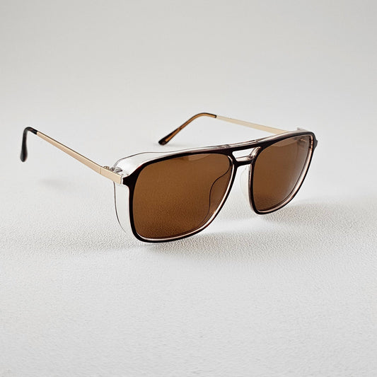 Angled view geometric polarized sunglasses with TAC lenses and UV protection