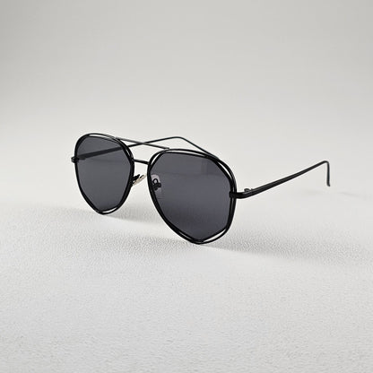 Angled view black polarized geometric sunglasses with PC lenses and UV protection