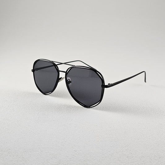 Angled view black polarized geometric sunglasses with PC lenses and UV protection