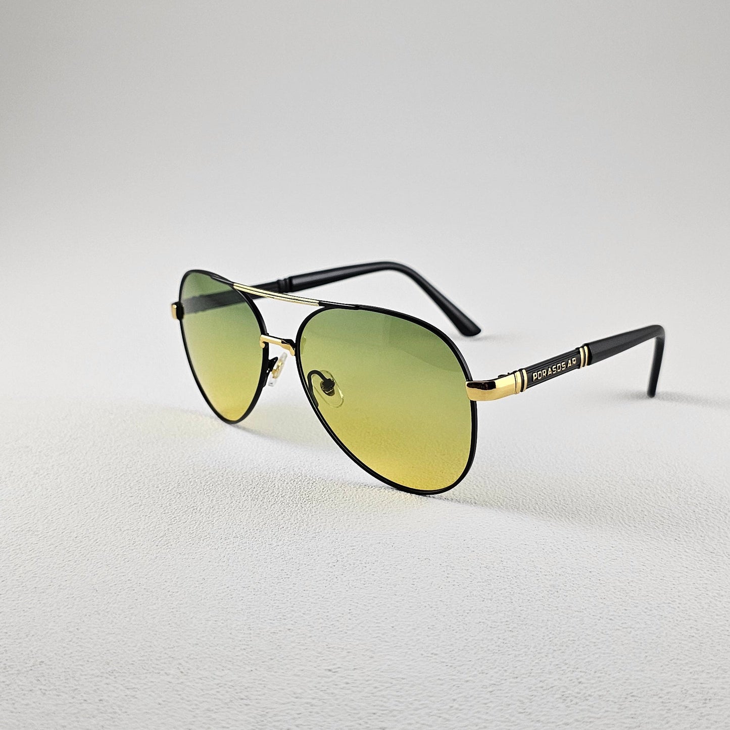 Angled view yellow polarized pilot sunglasses with TAC lenses and UV protection