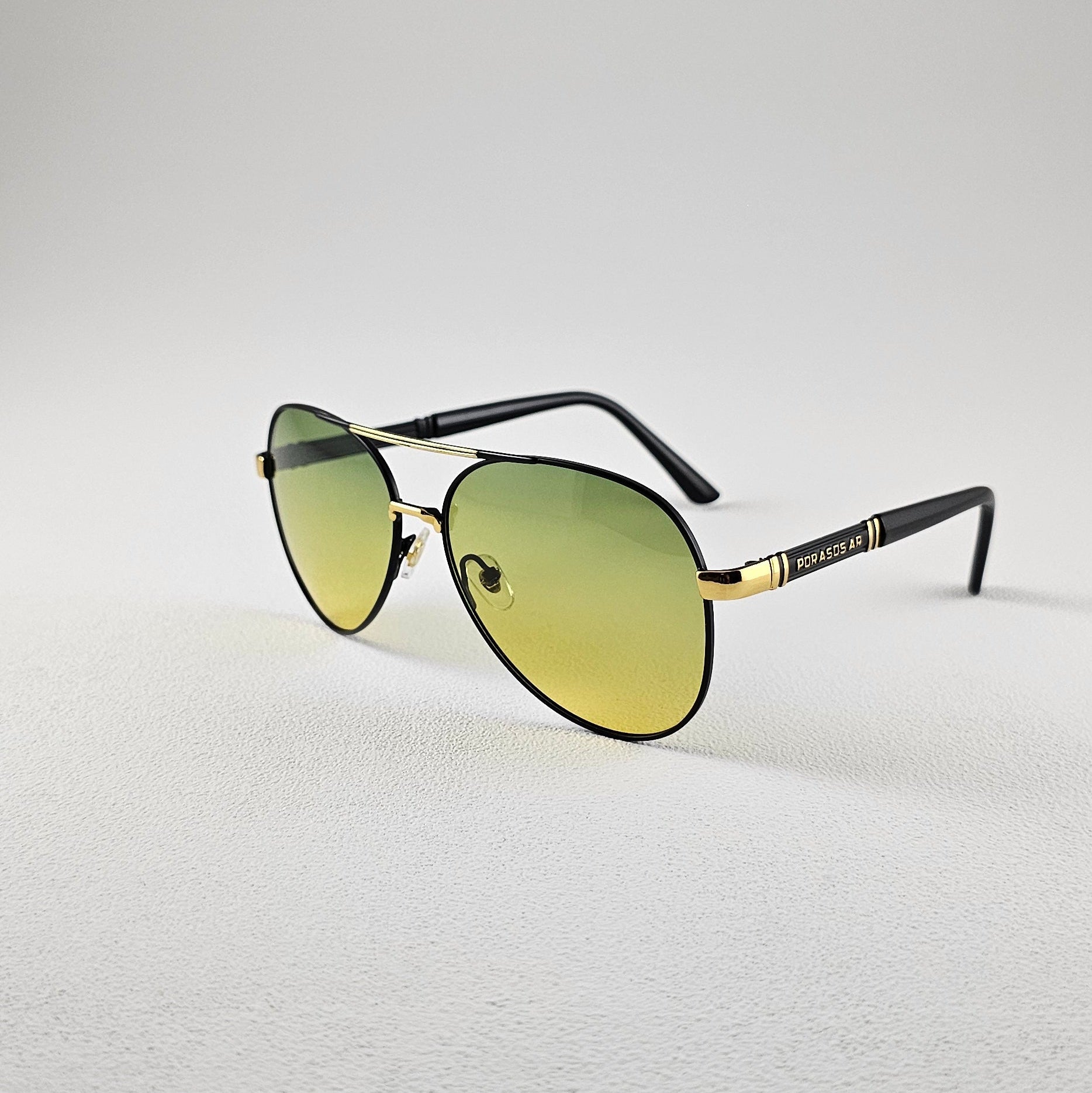 Angled view yellow polarized pilot sunglasses with TAC lenses and UV protection