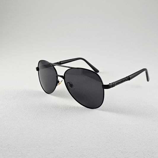Angled view black polarized pilot sunglasses with TAC lenses and UV protection