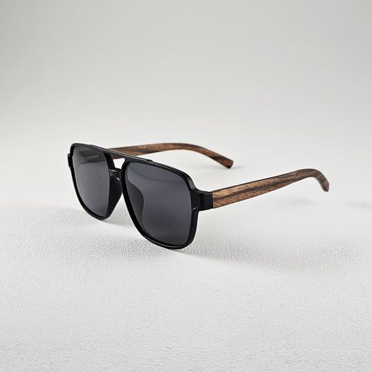 Angled view of modern geometric polarized sunglasses with TAC lenses